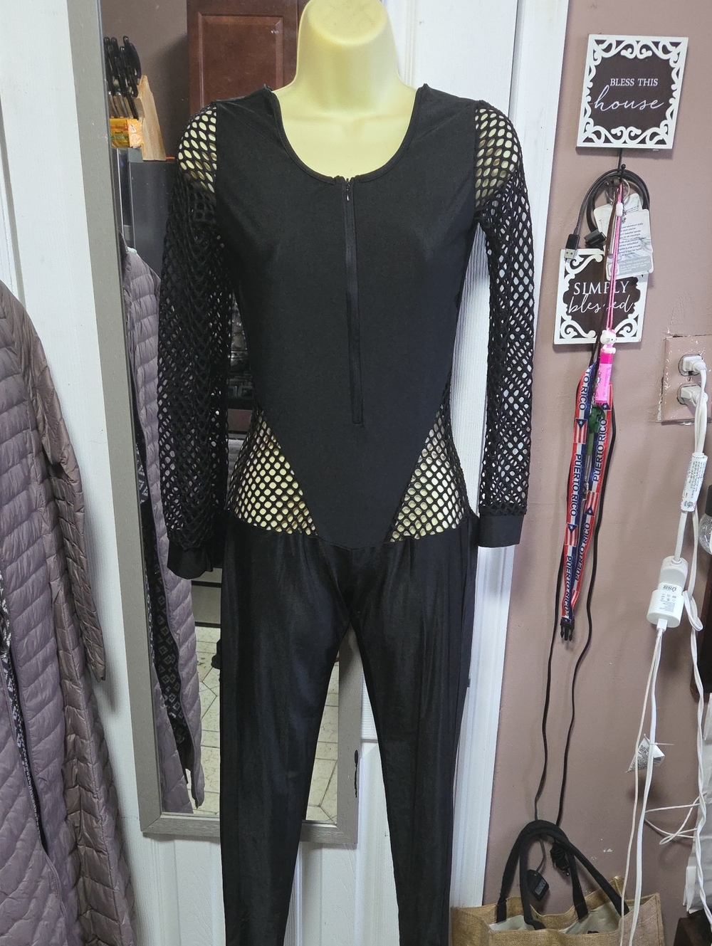 Black Fishnet Panel Zip-Front Jumpsuit